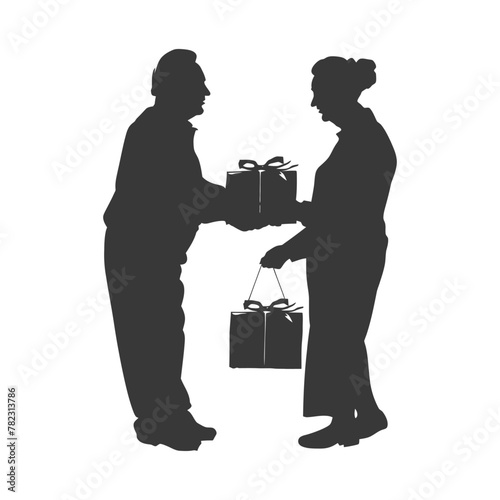 Silhouette elderly couple exchanging gifts black color only
