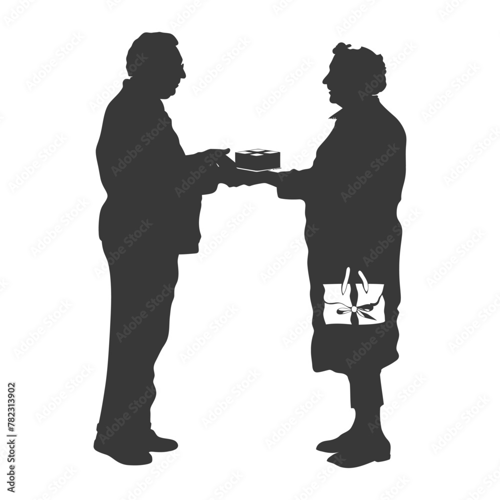 Silhouette elderly couple exchanging gifts black color only