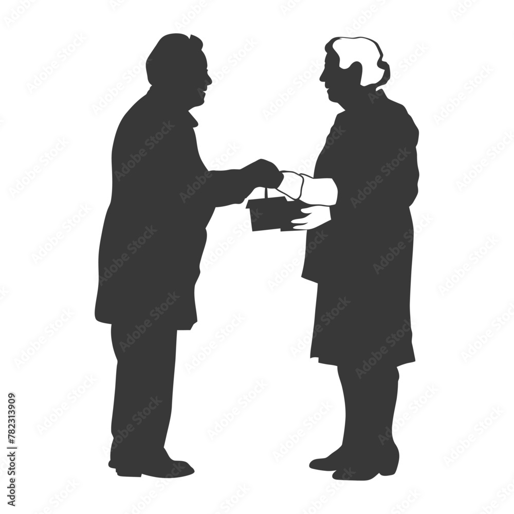 Silhouette elderly couple exchanging gifts black color only