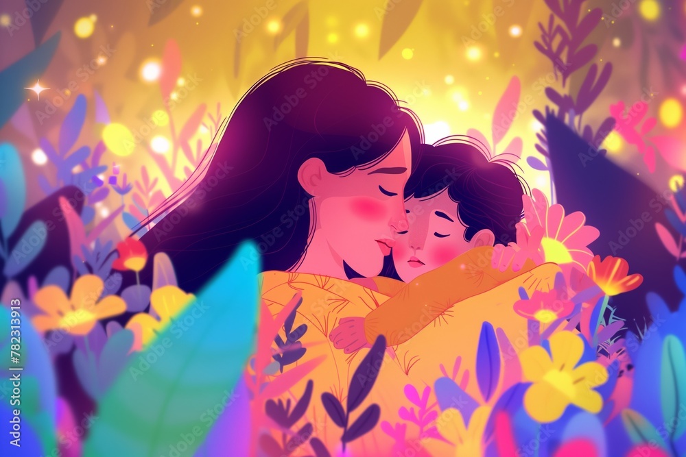 This vibrant illustration features a mother and child in a loving embrace, surrounded by a luminous, colorful floral backdrop. Perfect for themes of love, family, and the joy of motherhood, with space