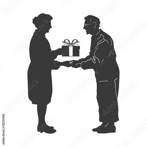 Silhouette elderly couple exchanging gifts black color only