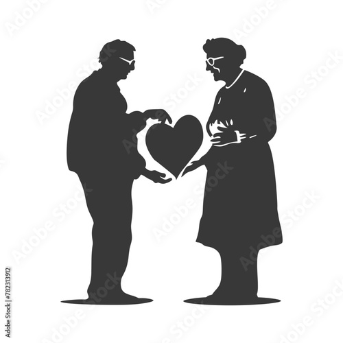 Silhouette elderly couple holding heart symbol black color only