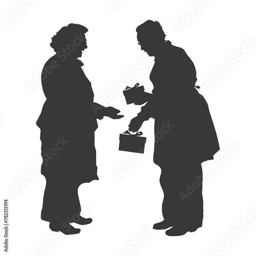 Silhouette elderly couple exchanging gifts black color only