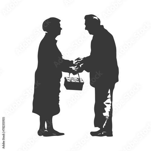 Silhouette elderly couple exchanging gifts black color only