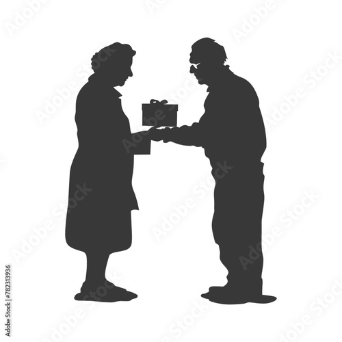 Silhouette elderly couple exchanging gifts black color only