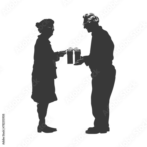 Silhouette elderly couple exchanging gifts black color only
