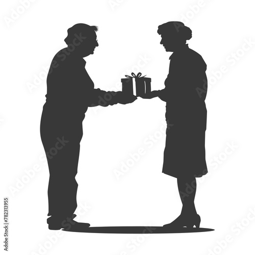 Silhouette elderly couple exchanging gifts black color only