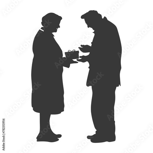 Silhouette elderly couple exchanging gifts black color only