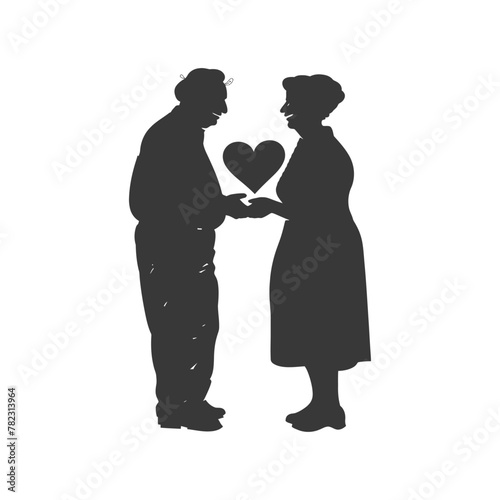 Silhouette elderly couple holding heart symbol black color only