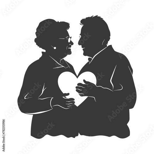 Silhouette elderly couple holding heart symbol black color only