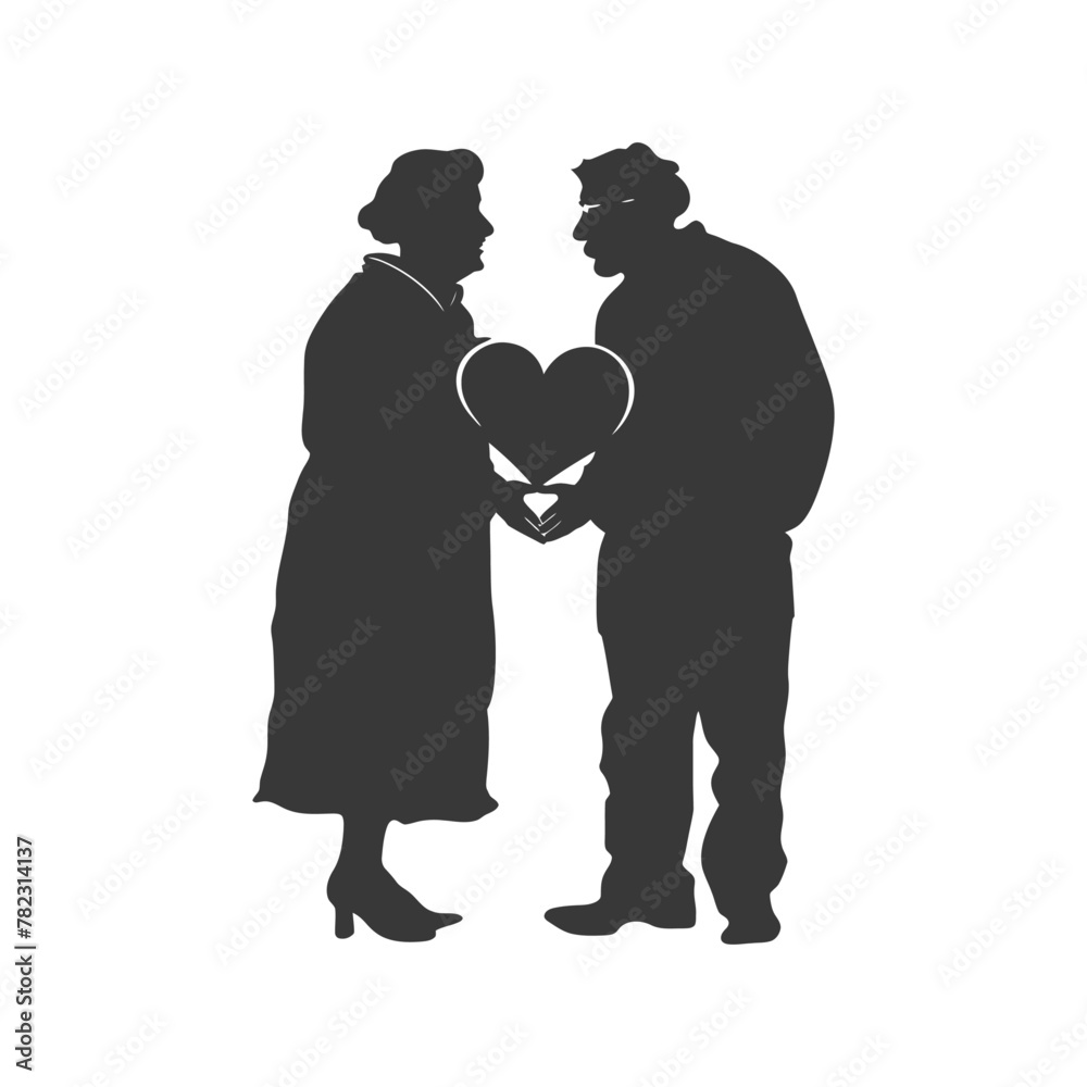 Silhouette elderly couple holding heart symbol black color only