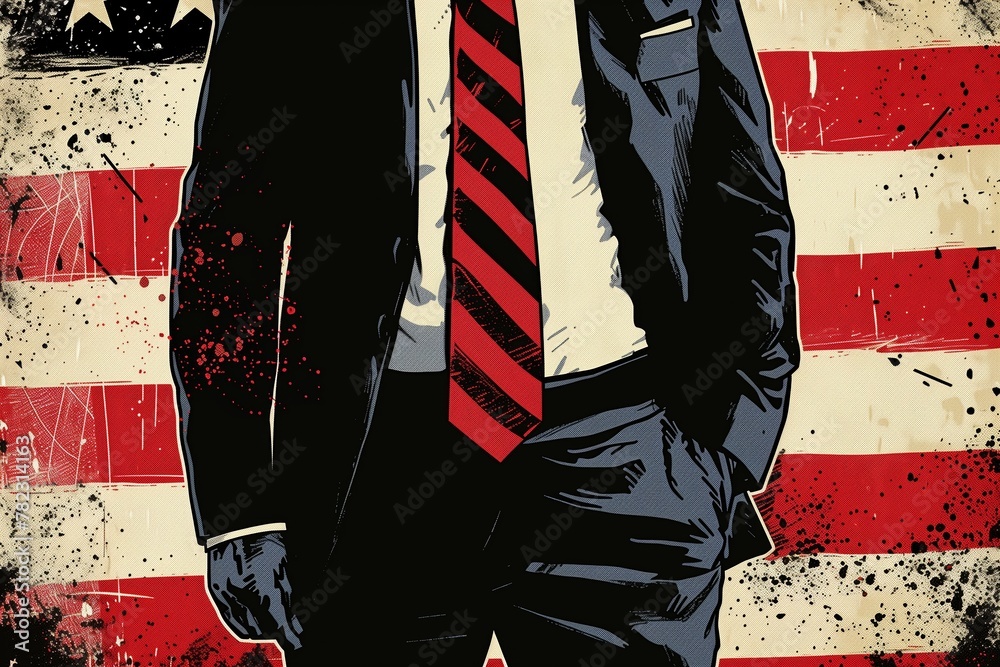 A silhouette of a man in a suit against an American flag background, symbolic for political or business leadership themes in the USA.