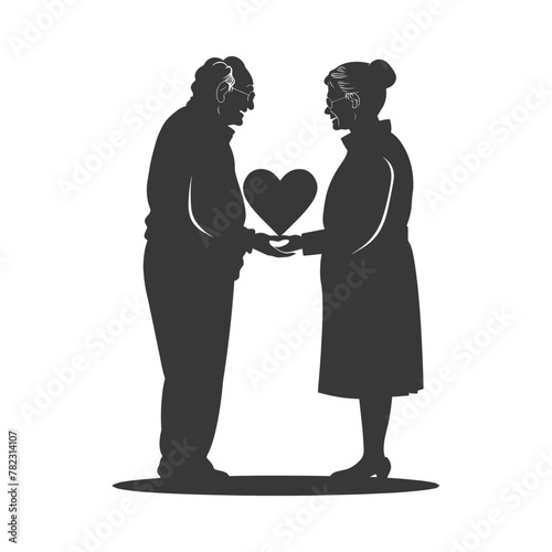 Silhouette elderly couple holding heart symbol black color only