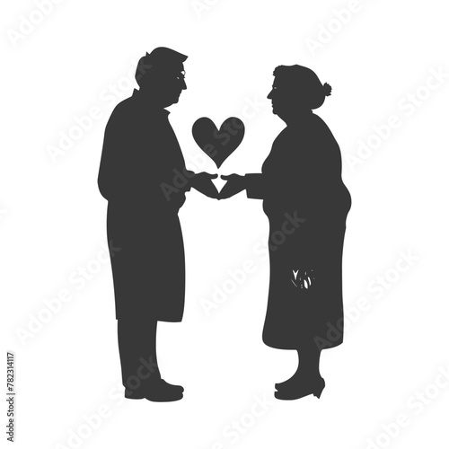 Silhouette elderly couple holding heart symbol black color only
