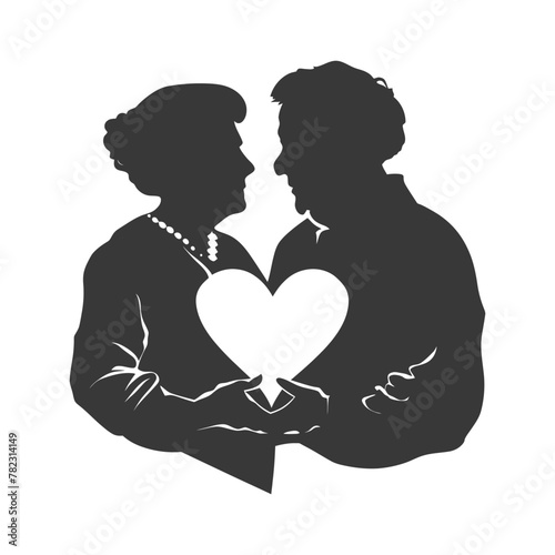 Silhouette elderly couple holding heart symbol black color only