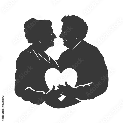 Silhouette elderly couple holding heart symbol black color only