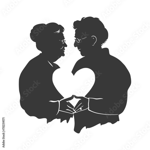 Silhouette elderly couple holding heart symbol black color only