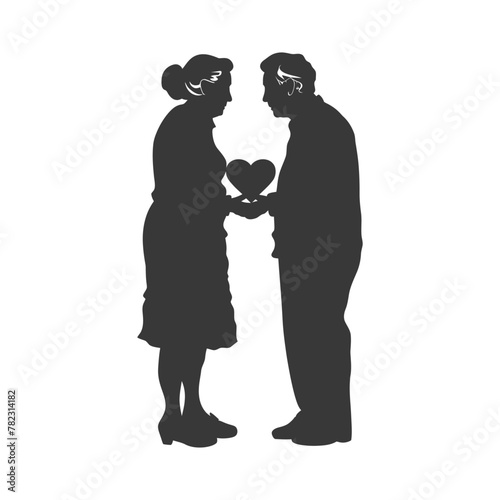 Silhouette elderly couple holding heart symbol black color only