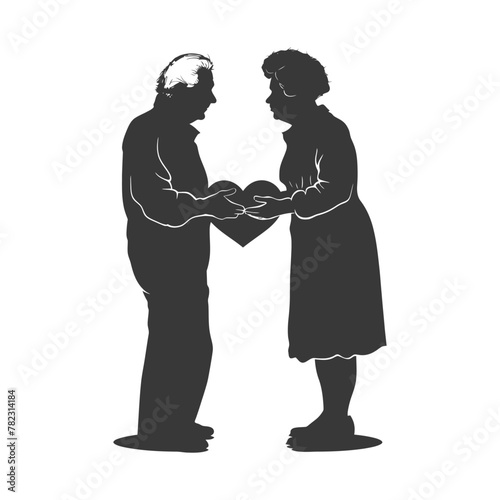 Silhouette elderly couple holding heart symbol black color only