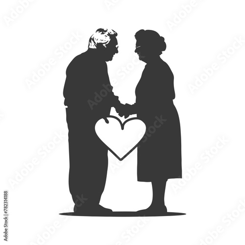 Silhouette elderly couple holding heart symbol black color only