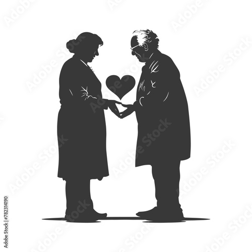 Silhouette elderly couple holding heart symbol black color only