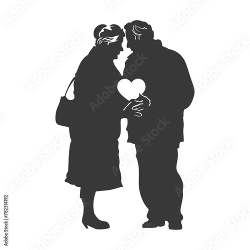Silhouette elderly couple holding heart symbol black color only