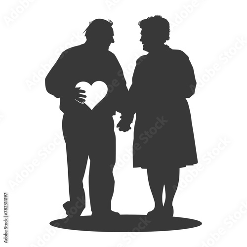 Silhouette elderly couple holding heart symbol black color only