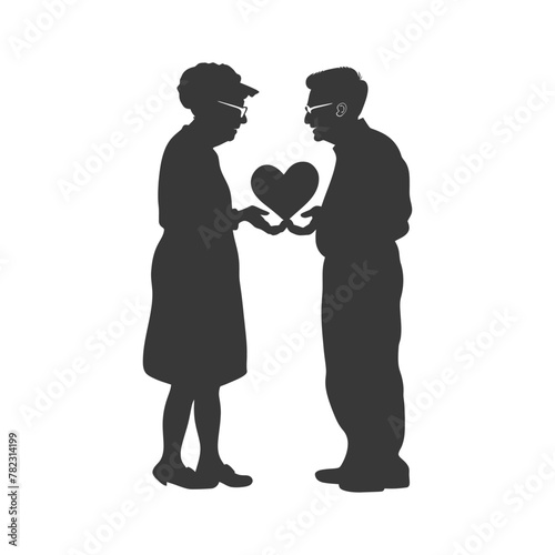 Silhouette elderly couple holding heart symbol black color only