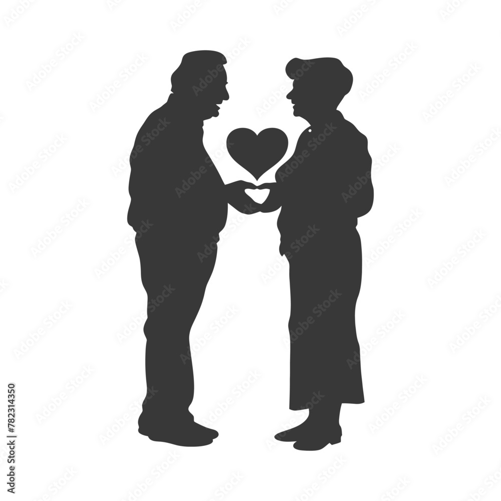 Silhouette elderly couple holding heart symbol black color only