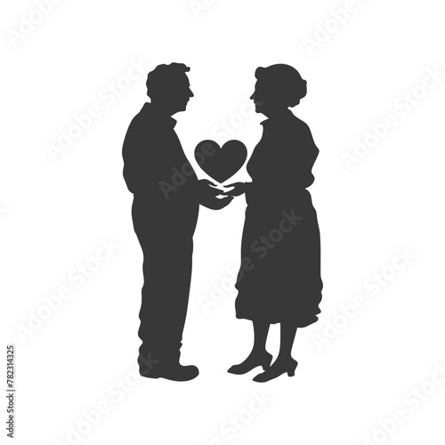 Silhouette elderly couple holding heart symbol black color only