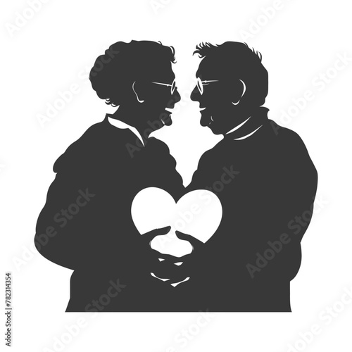 Silhouette elderly couple holding heart symbol black color only