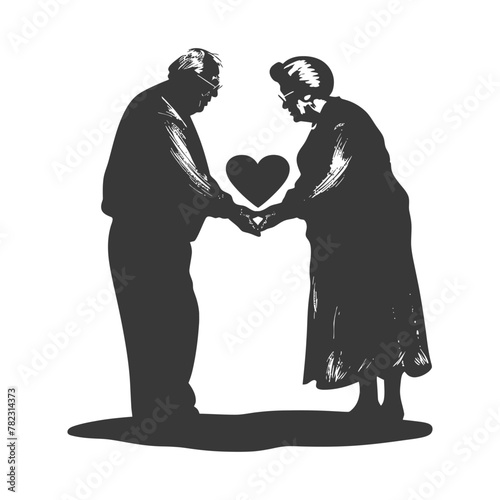 Silhouette elderly couple holding heart symbol black color only