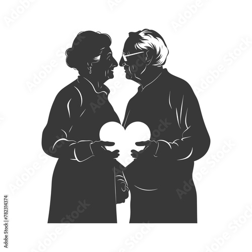 Silhouette elderly couple holding heart symbol black color only