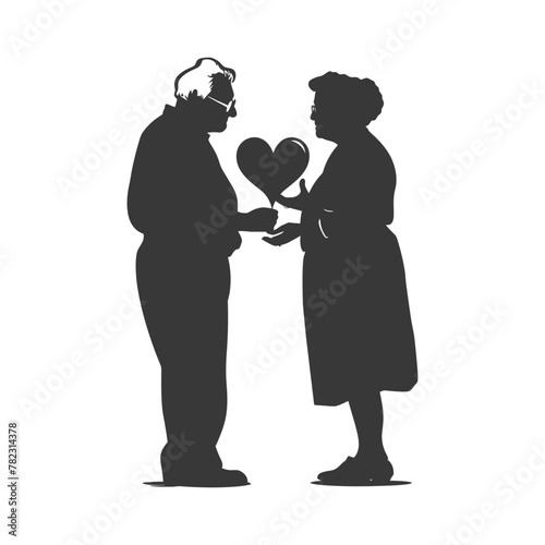 Silhouette elderly couple holding heart symbol black color only