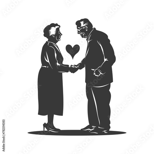 Silhouette elderly couple holding heart symbol black color only