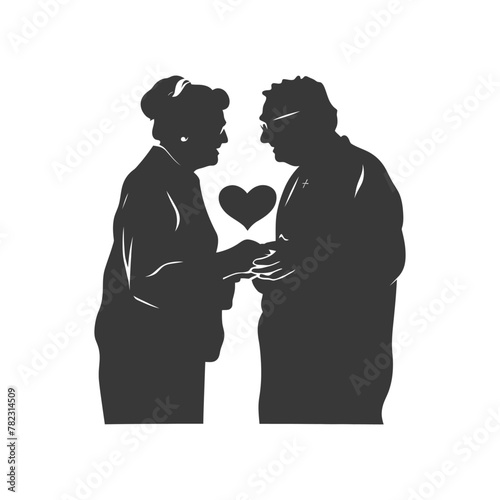 Silhouette elderly couple holding heart symbol black color only