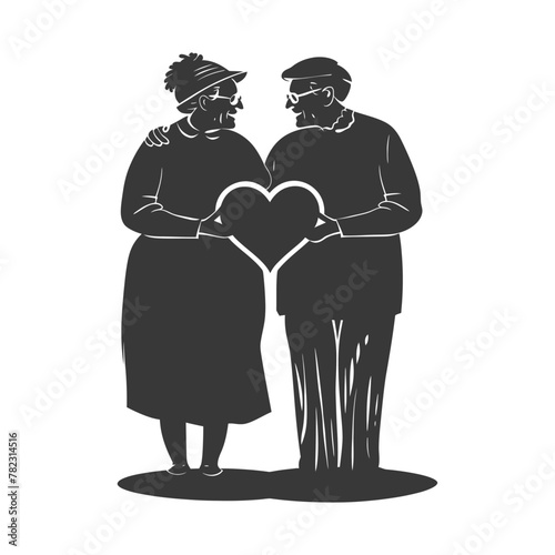 Silhouette elderly couple holding heart symbol black color only