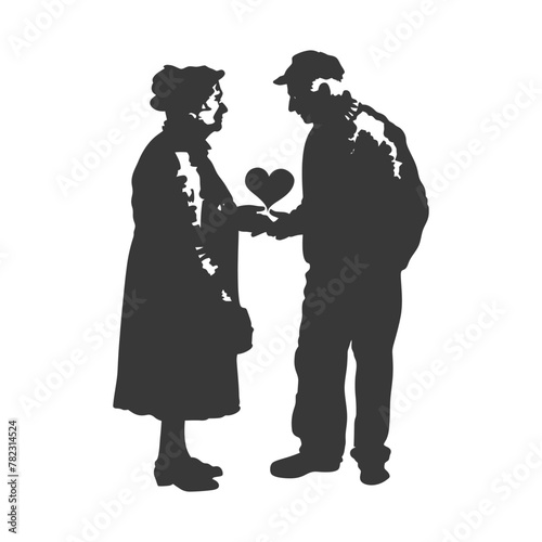 Silhouette elderly couple holding heart symbol black color only