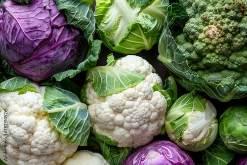 Close up image of various fresh cruciferous vegetables