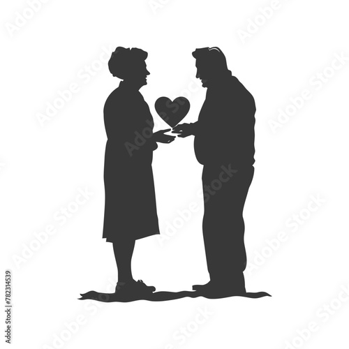 Silhouette elderly couple holding heart symbol black color only