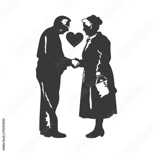 Silhouette elderly couple holding heart symbol black color only