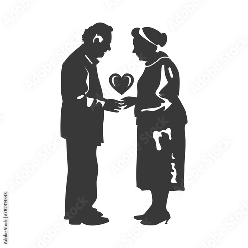 Silhouette elderly couple holding heart symbol black color only