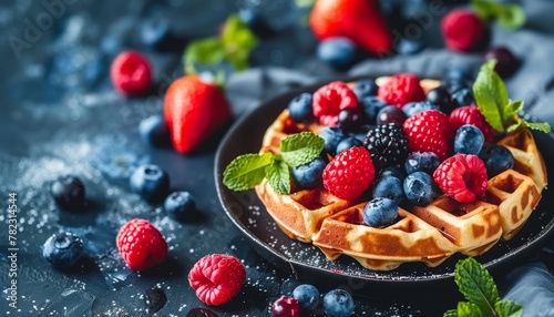 Close up of a Belgian waffle topped with berries