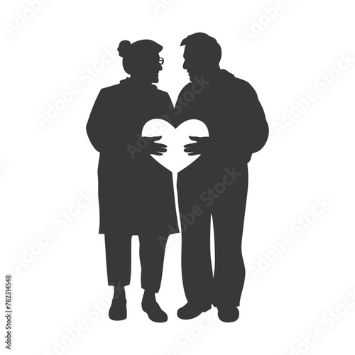 Silhouette elderly couple holding heart symbol black color only