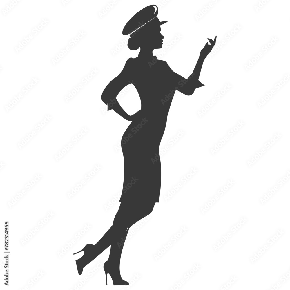 Silhouette flight attendant in action full body black color only