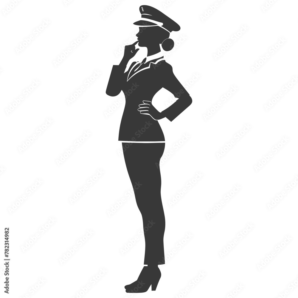 Silhouette flight attendant in action full body black color only Silhouette flight attendant in action full body black color only