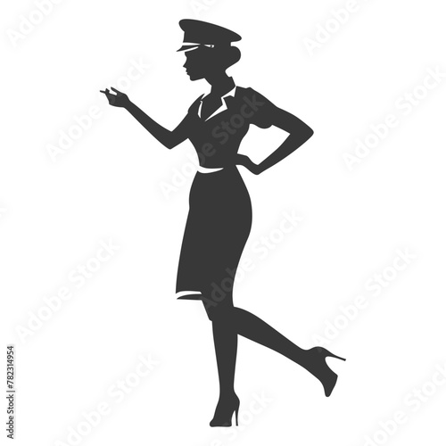 Silhouette flight attendant in action full body black color only