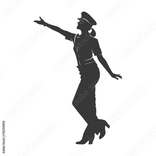 Silhouette flight attendant in action full body black color only