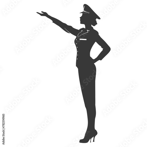 Silhouette flight attendant in action full body black color only