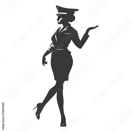 Silhouette flight attendant in action full body black color only